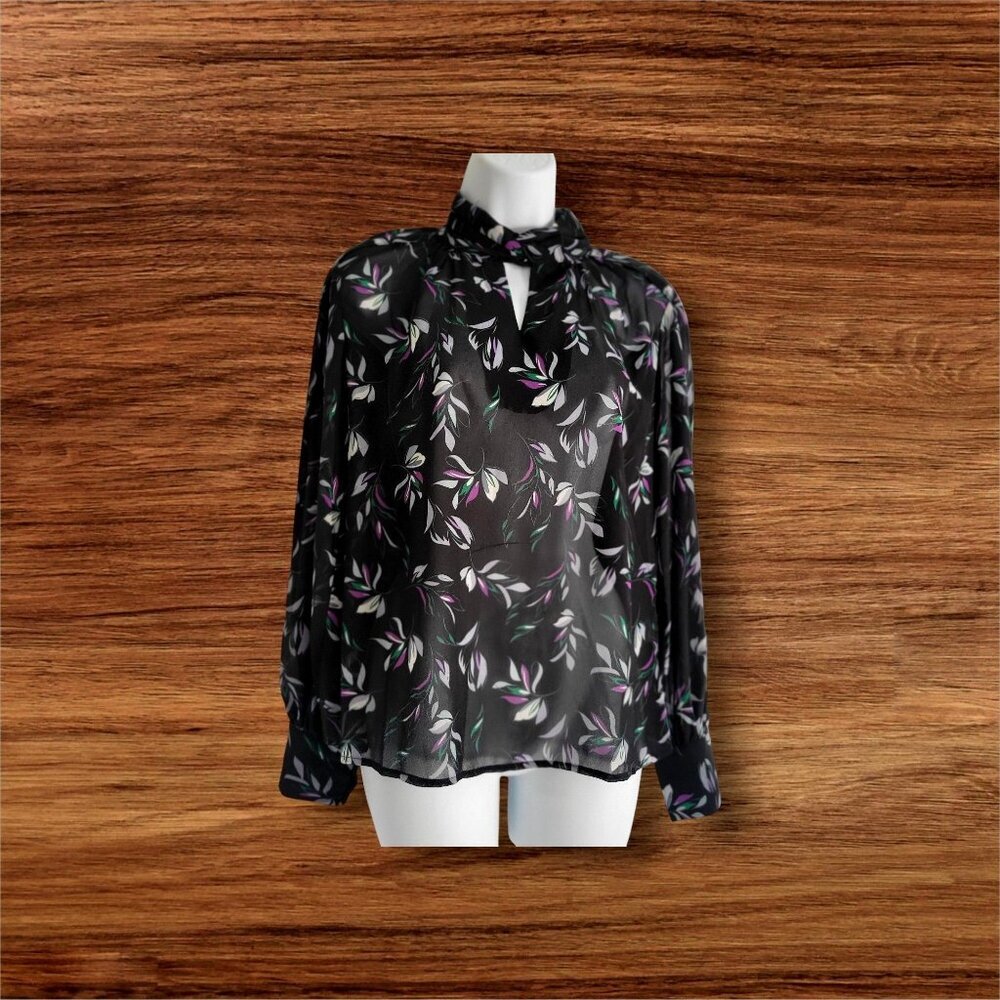 GRACIA Black Floral Chiffon Blouse Keyhole Neckline & Buttoned Cuffs -S